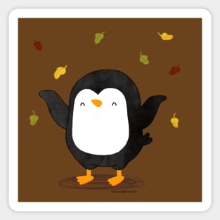 Penguin having fun with autumn leaves 2 Sticker